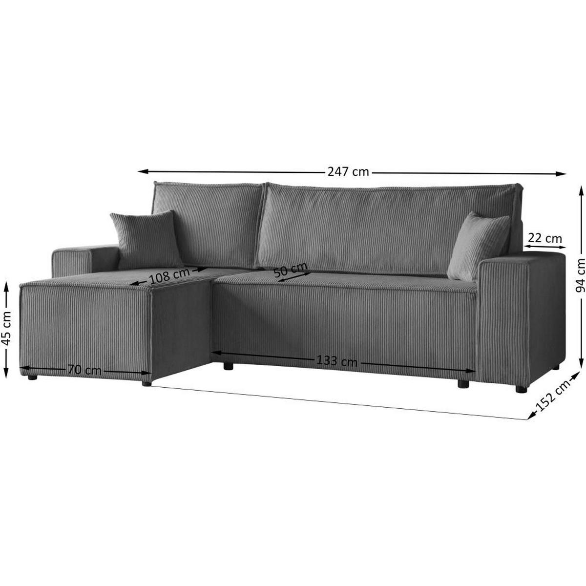 ECKSCHLAFSOFA mit Schlaffunktion Hektor, 247 cm, Ottomane 70 cm, grau - Schwarz/Grau, Kunststoff/Textil (247/152cm) - Beautysofa