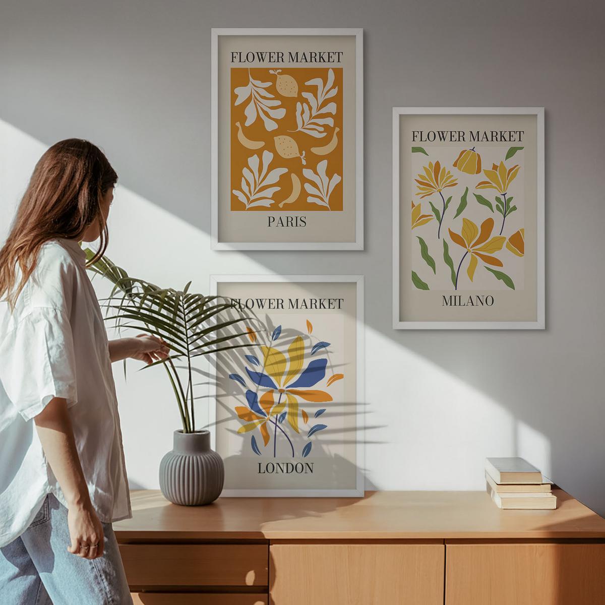 BILDER SET 3er Set - 40x60 cm Weißer Rahmen - Blumenposter Paris Mailand London - Weiß, Kunststoff (40/60cm) - TULUP