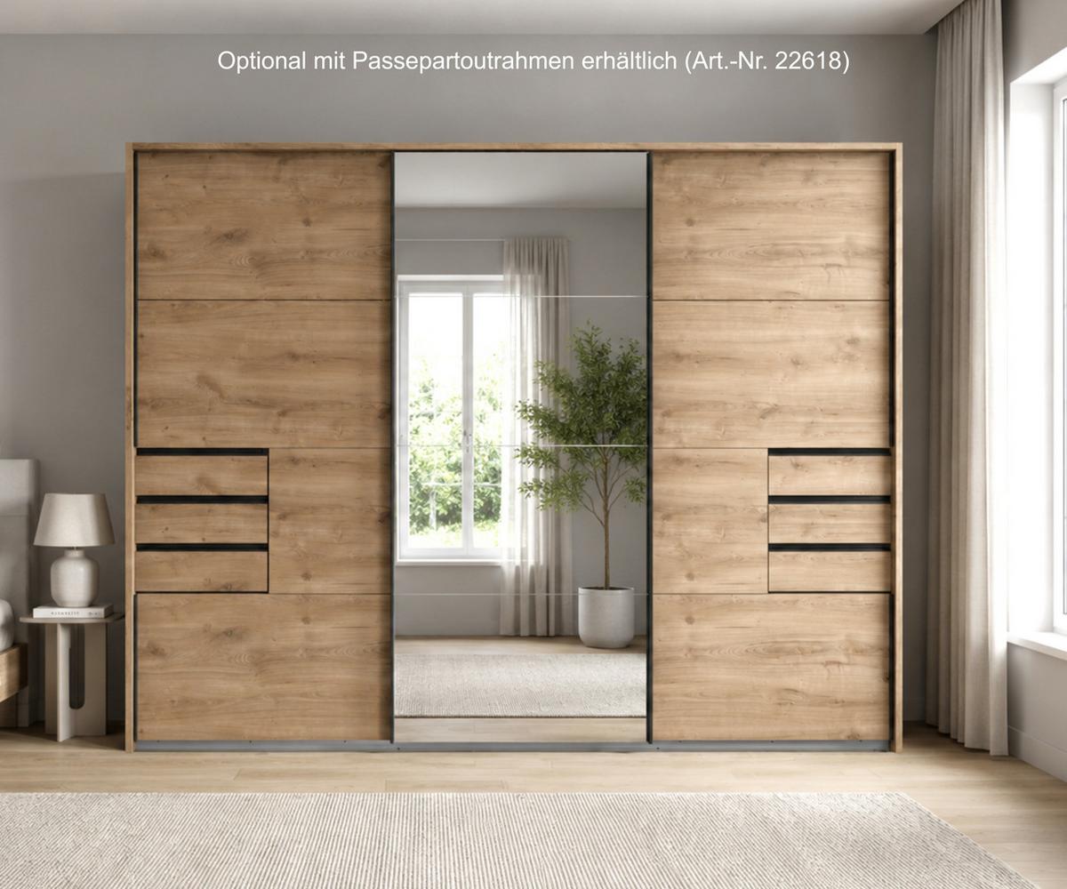 SCHWEBETÜRENSCHRANK 3-türig B270/H208/64 cm, Eiche Dekor, eine Spiegeltür, Kleiderschrank mit Schubladen & Vollausstattung / 22612 - Eichefarben/Schwarz, Holzwerkstoff/Metall (270/208/64cm) - luma-home
