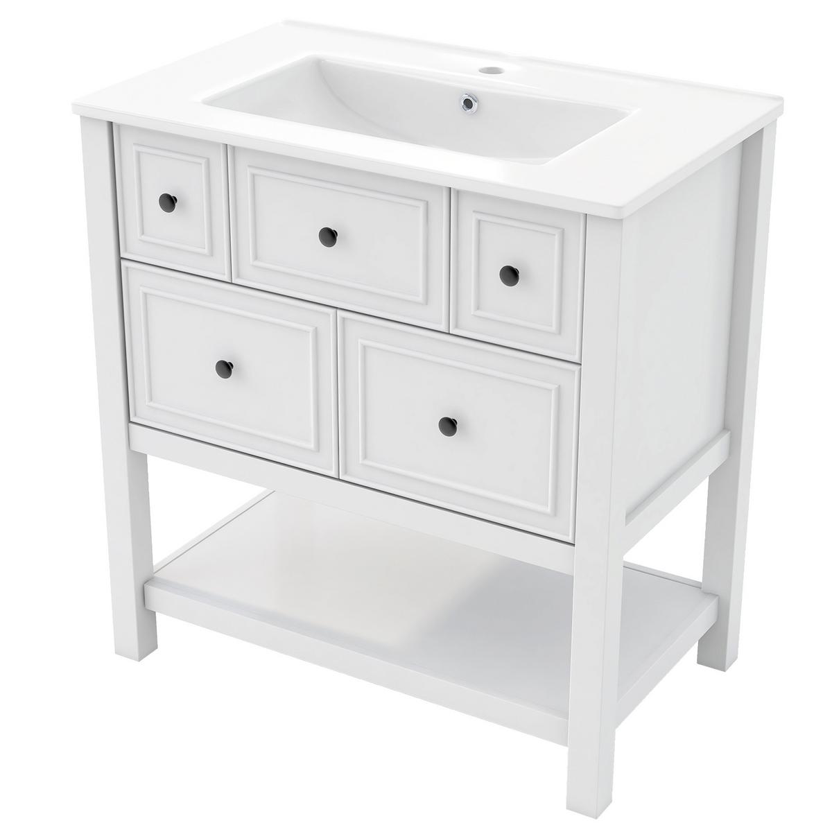 WASCHTISCH Freistehend Weiß mit Keramikbecken, 5 Schubladen & Ablage - Weiß, Holzwerkstoff (76/82/46.5cm) - Urban Meuble