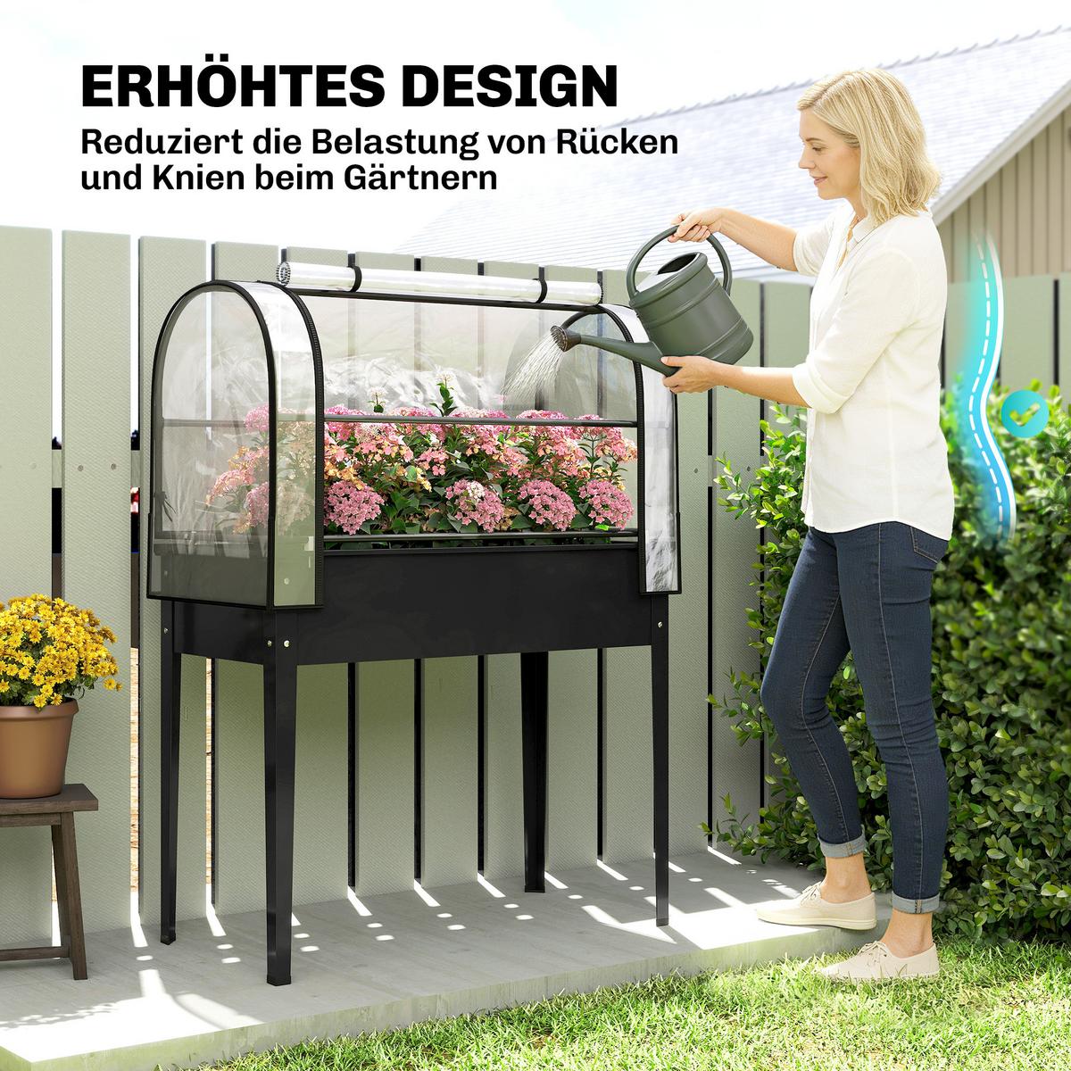 HOCHBEET mit Gewächshausabdeckung aus Kunststoff Metall Schwarz - Schwarz, Metall (49/136/100cm) - Outsunny
