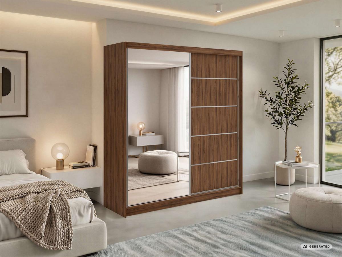 SCHWEBETÜRENSCHRANK 200 - SKORIA - Warmia Walnuss mit Spiegel - Walnussfarben/Alufarben, Holzwerkstoff/Metall (200/216/61cm) - MKS