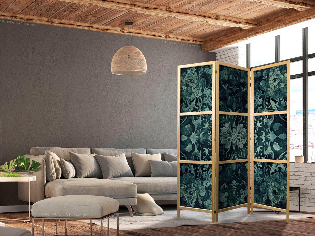 PARAVENT Japanischer 3-tlg 135x172 cm Gr ne Ornamente - Grün, Holz/Textil (135/172/3cm) - Muralo