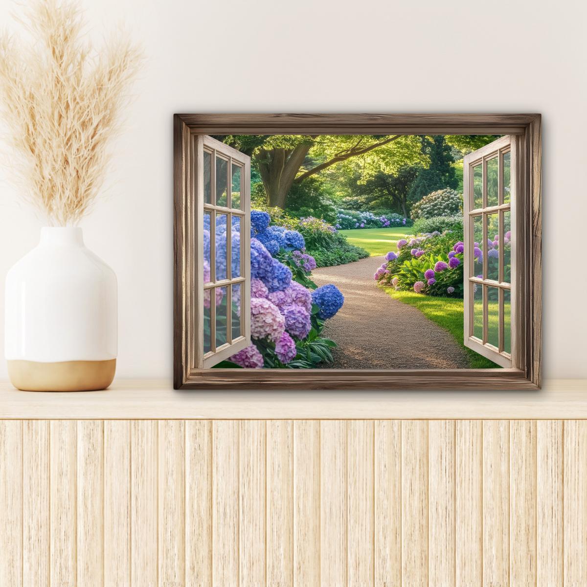 LEINWANDBILD Aussicht - Garten - Fenster - Hortensie - Blumen Wandbild 40x30 cm - Pastellblau, Textil (40/30cm) - MuchoWow
