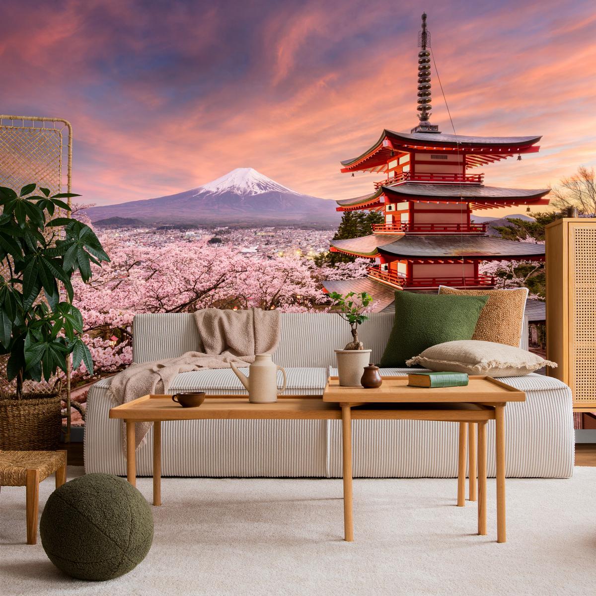 FOTOTAPETE Pagode Berg Fuji Sakura Landschaft 3D 100x70 - Rot/Violett, Papier (100/70cm) - Muralo