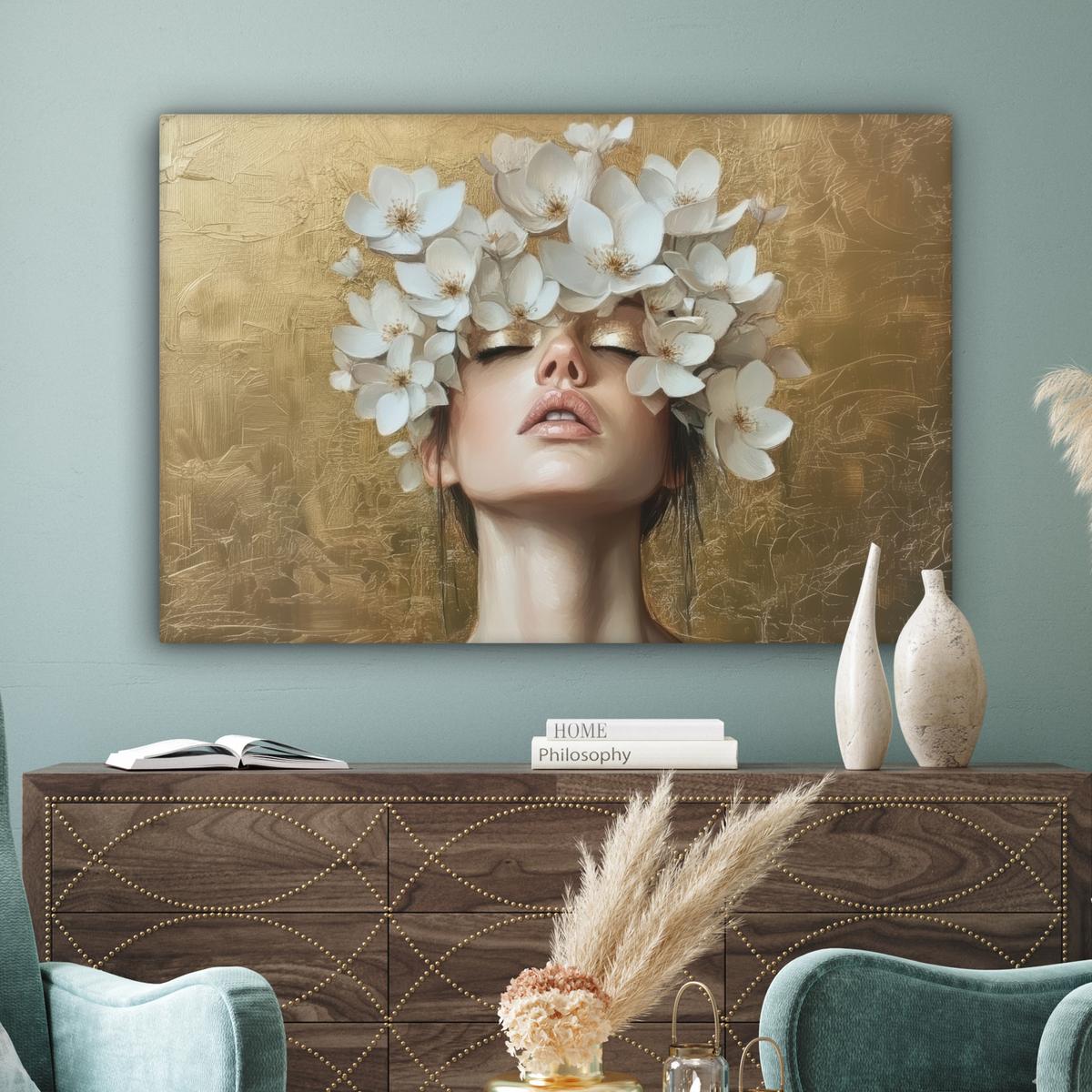 LEINWANDBILD Gesicht - Blumen - Gold - Abstrakt Wohnzimmer Groß 120x80 cm - Goldfarben, Textil (120/80cm) - MuchoWow