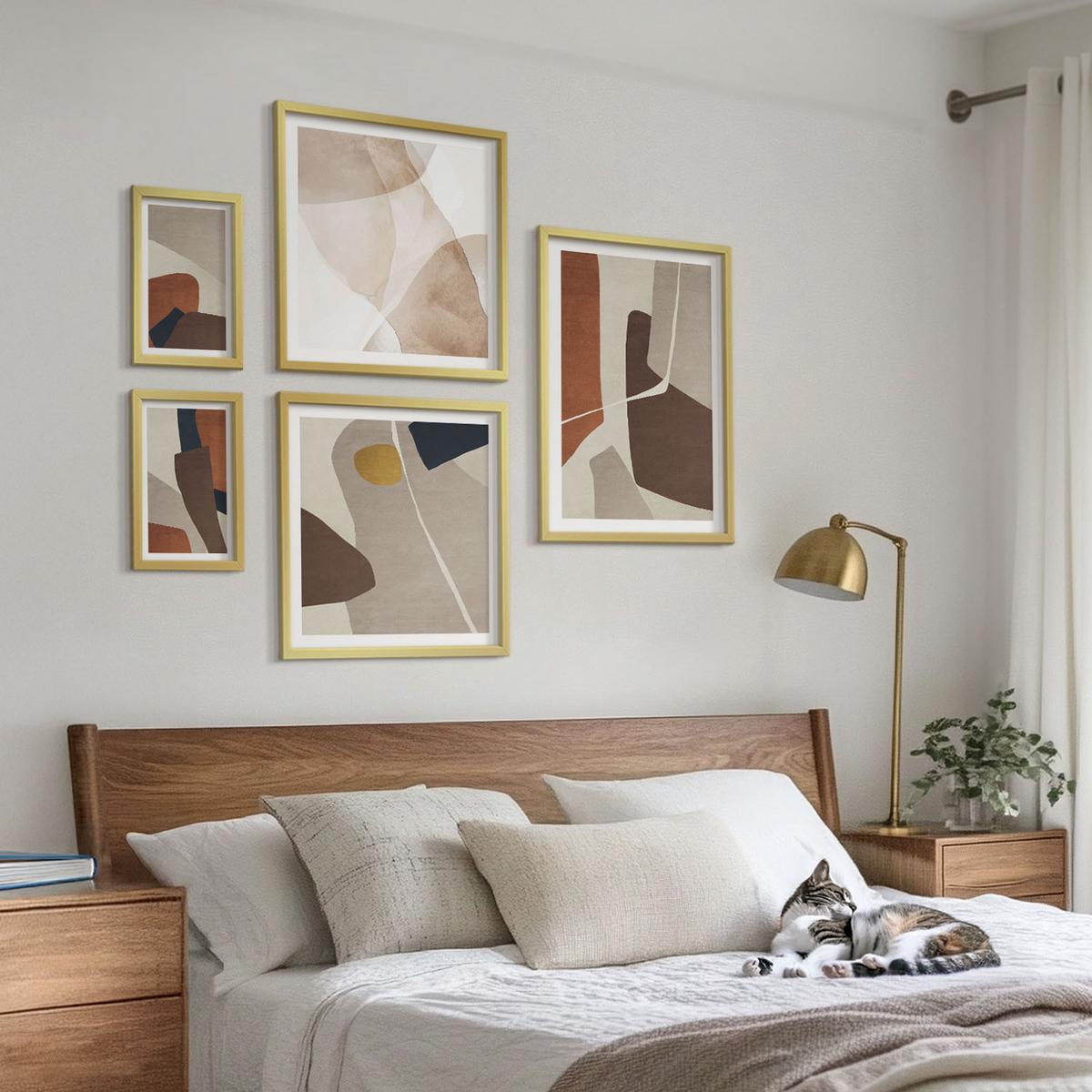 BILDER SET 5er Set - 50x50 cm & 20x30 cm & 40x60 cm Goldrahmen - Abstrakte moderne Formen - Goldfarben, Kunststoff (40/60cm) - TULUP