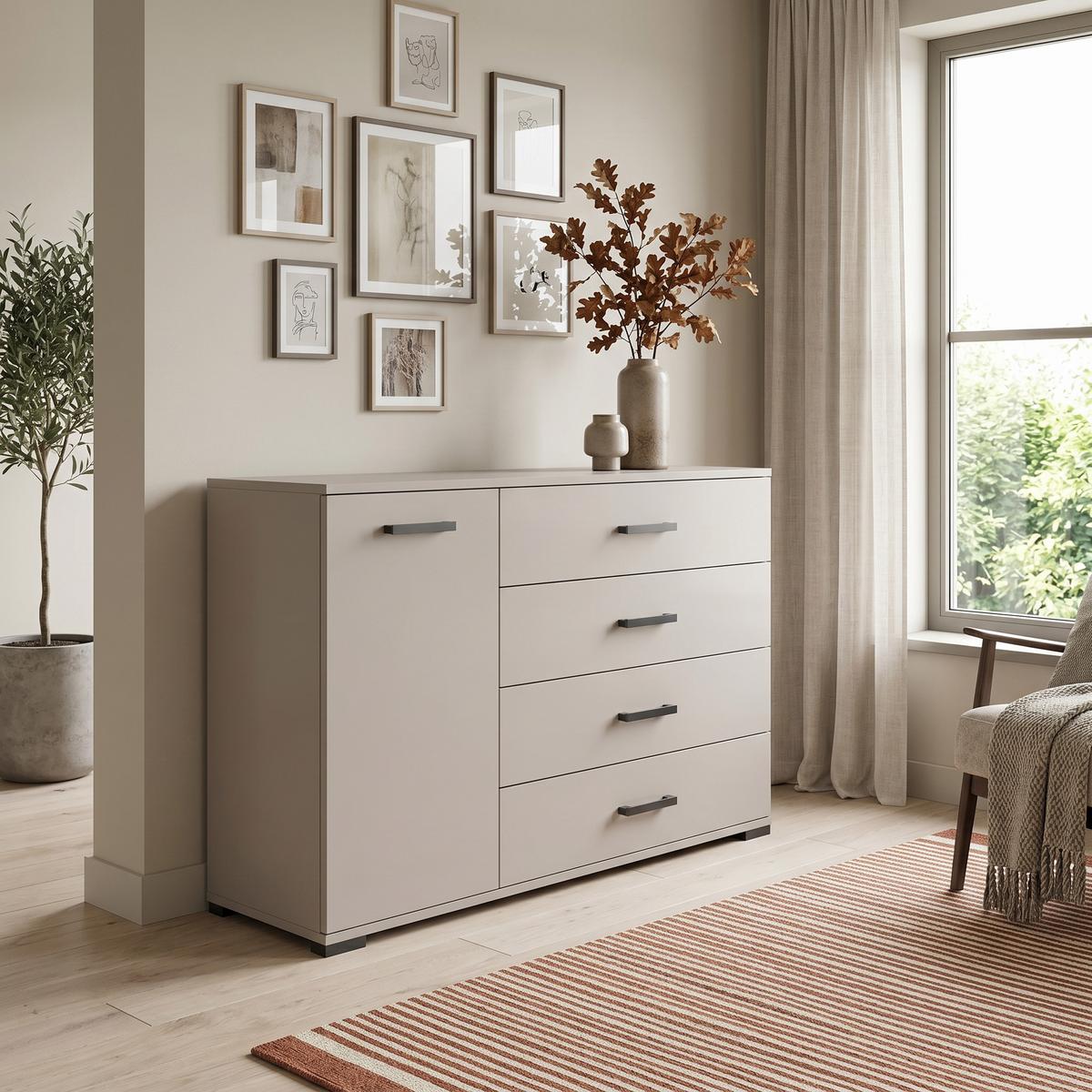 KOMMODE ALBANO 120/83/40cm mit 4 Schubladen 1 Türen Kaschmir - Kaschmir, Holzwerkstoff (120/83/40cm) - MASSENO