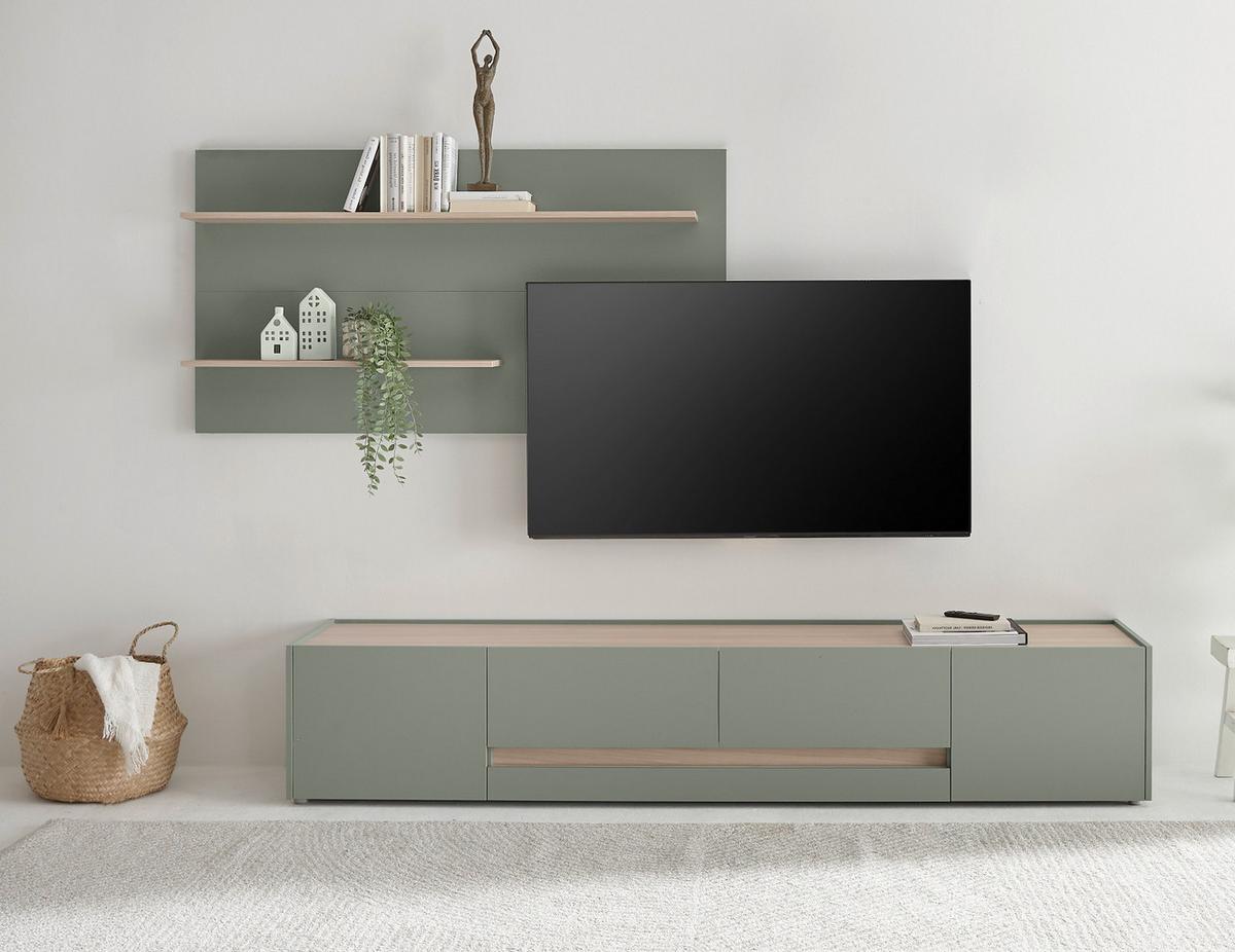 WOHNWAND in Salbei Grün mit Eiche, Wohnkombination 2-teilig mit XXL TV-Lowboard, Breite 300 cm - Salbeigrün/Eichefarben, Holz/Holzwerkstoff (300/190/45cm) - Furn.Design