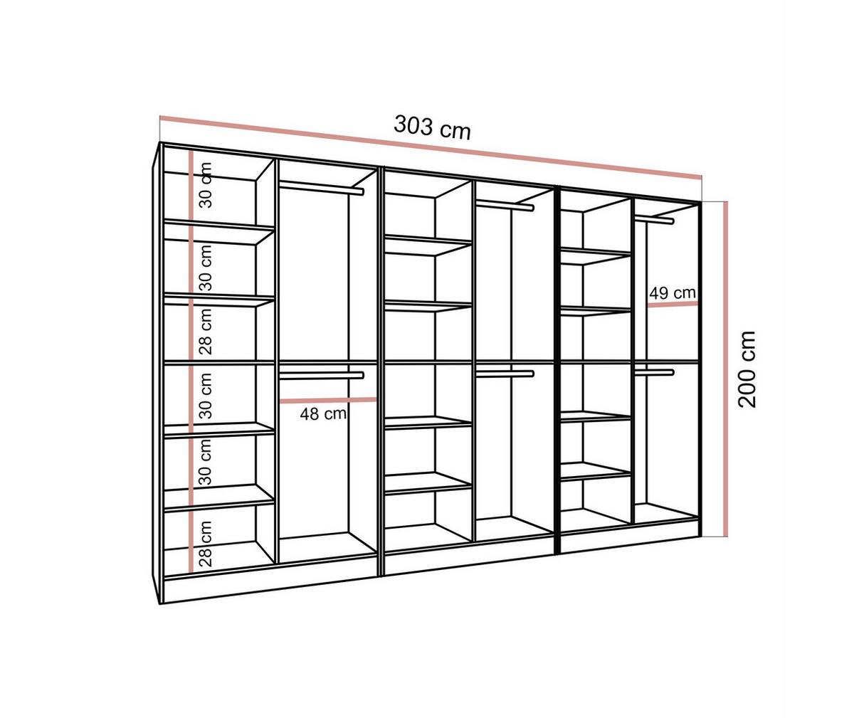 KLEIDERSCHRANK SANDBOX KASHMIR 300 303/49/200 cm Kaschmir / Kaschmir + schwarzes Glas ohne LED 12 Zusatzböden - Kaschmir/Schwarz, Holzwerkstoff/Kunststoff (303/200/49cm) - Lookway