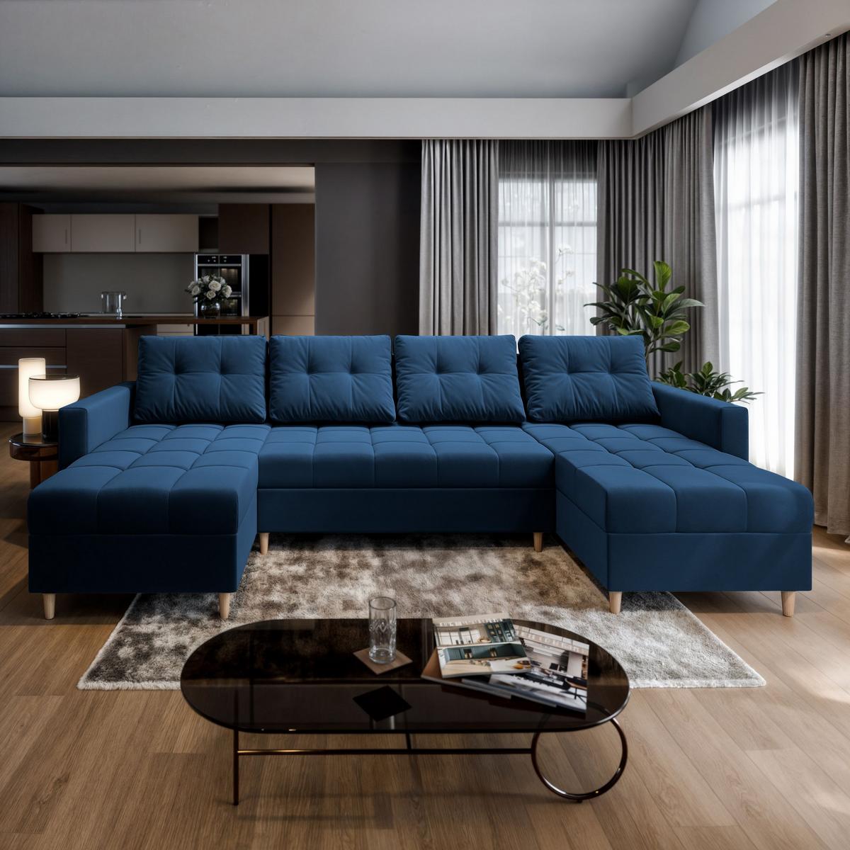 WOHNLANDSCHAFT MILO U Blau Plüsch-Stoff mit Schlaffunktion - Blau/Braun, Holz/Textil (285/91/140cm) - MASSENO