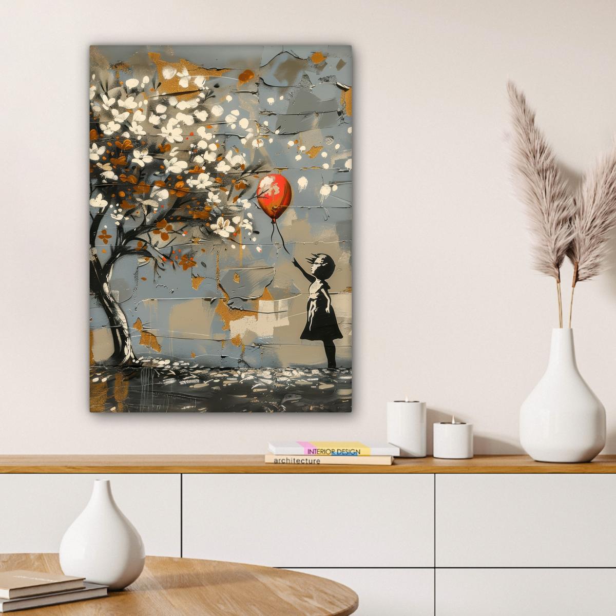 LEINWANDBILD Baum - Graffiti - Banksy-Stil - Ballon-Mädchen Wandbild Wohnzimmer 60x80 cm - Blaugrau, Textil (60/80cm) - MuchoWow