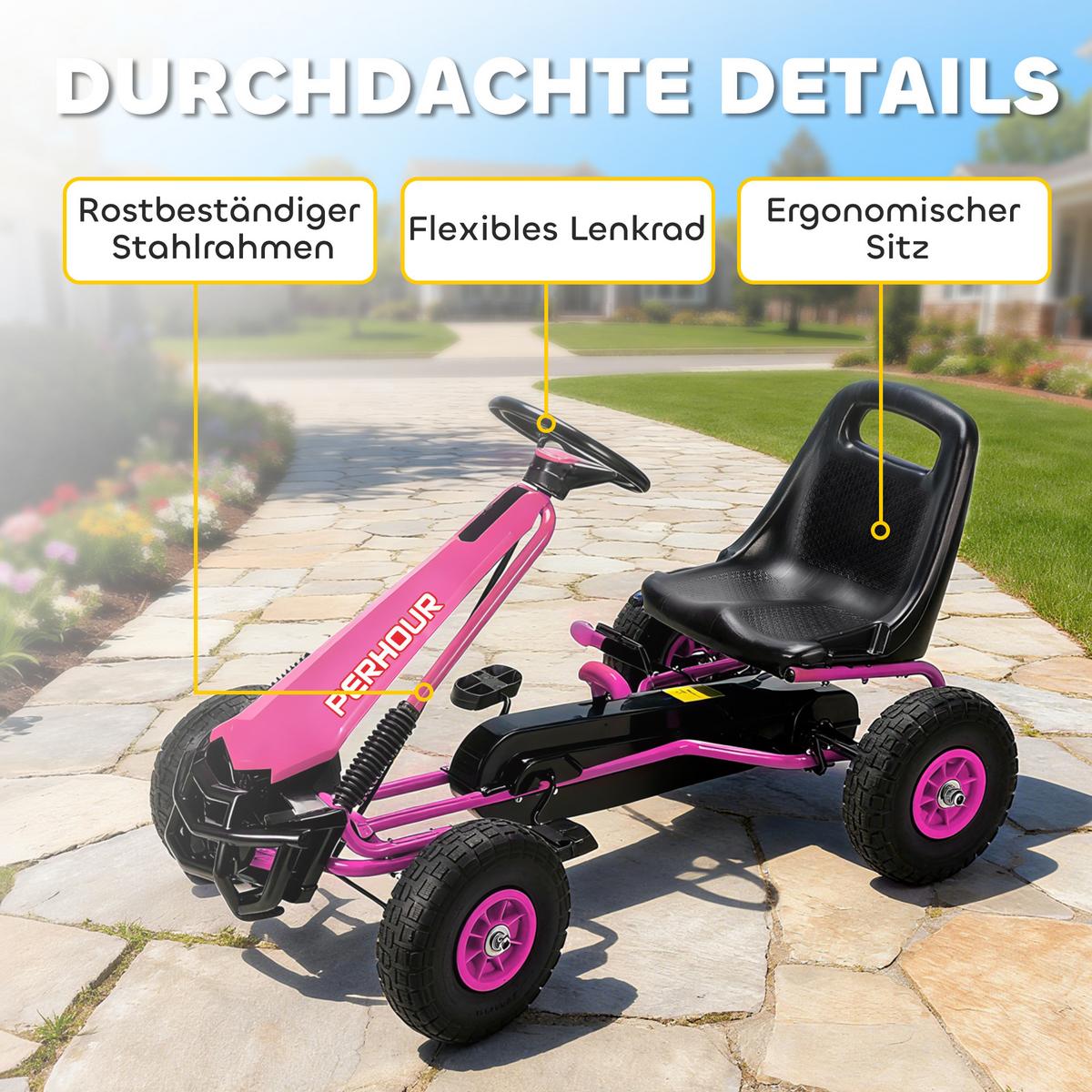 GOKART, Tretauto mit Handbremse, verstellbarem Sitz, Vor- und Rückwärtsgang - Rosa, Metall (110/61/62cm) - AIYAPLAY
