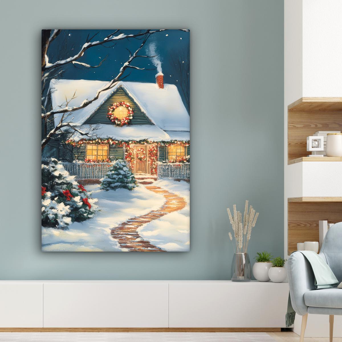 LEINWANDBILD Weihnachten - Weihnachtsbaum - Winter - Zuhause - Schnee Deko Groß 90x140 cm - Smaragdgrün, Textil (90/140cm) - MuchoWow