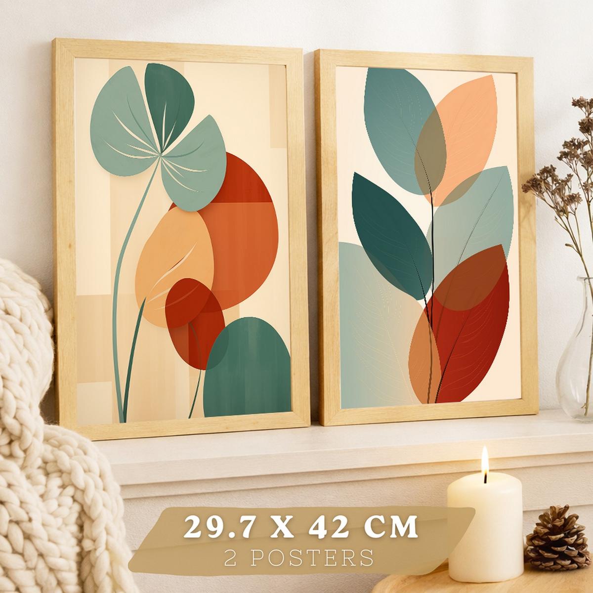 POSTER 2er-Set Wandbilder Blätter Pflanzen modern Wohnzimmer Deko, Schlafzimmer, Küche, Badezimmer Rahmenlos A3 - Klar, Papier (29.7/1/42cm) - Nacnic