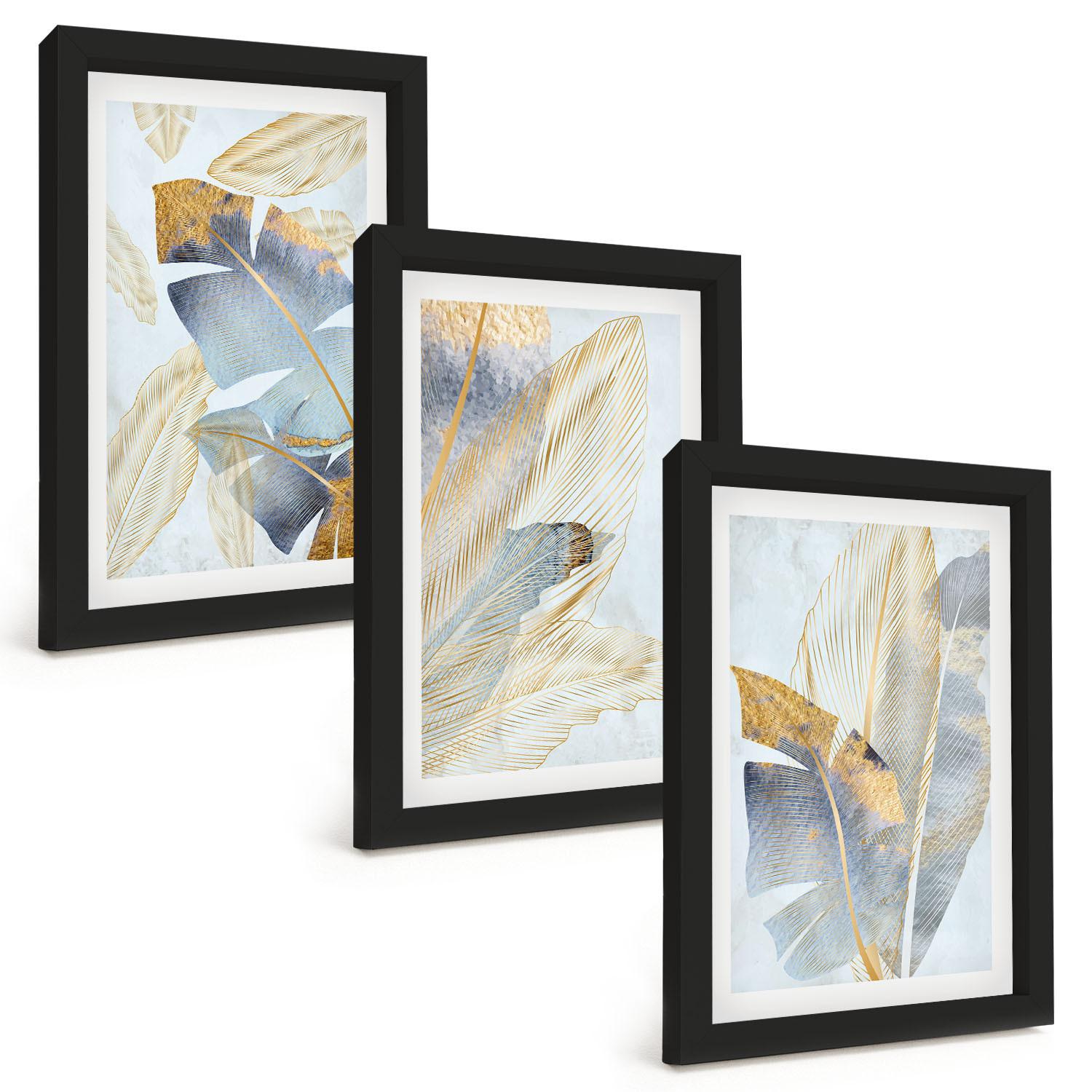 BILDER SET 3er Set - 20x30 cm Schwarzer Rahmen - Hellblau-beige Blätter - Schwarz, Kunststoff (20/30cm) - TULUP