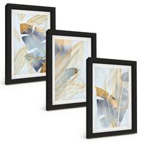 BILDER SET 3er Set - 20x30 cm Schwarzer Rahmen - Hellblau-beige Blätter - Schwarz, Kunststoff (20/30cm) - TULUP
