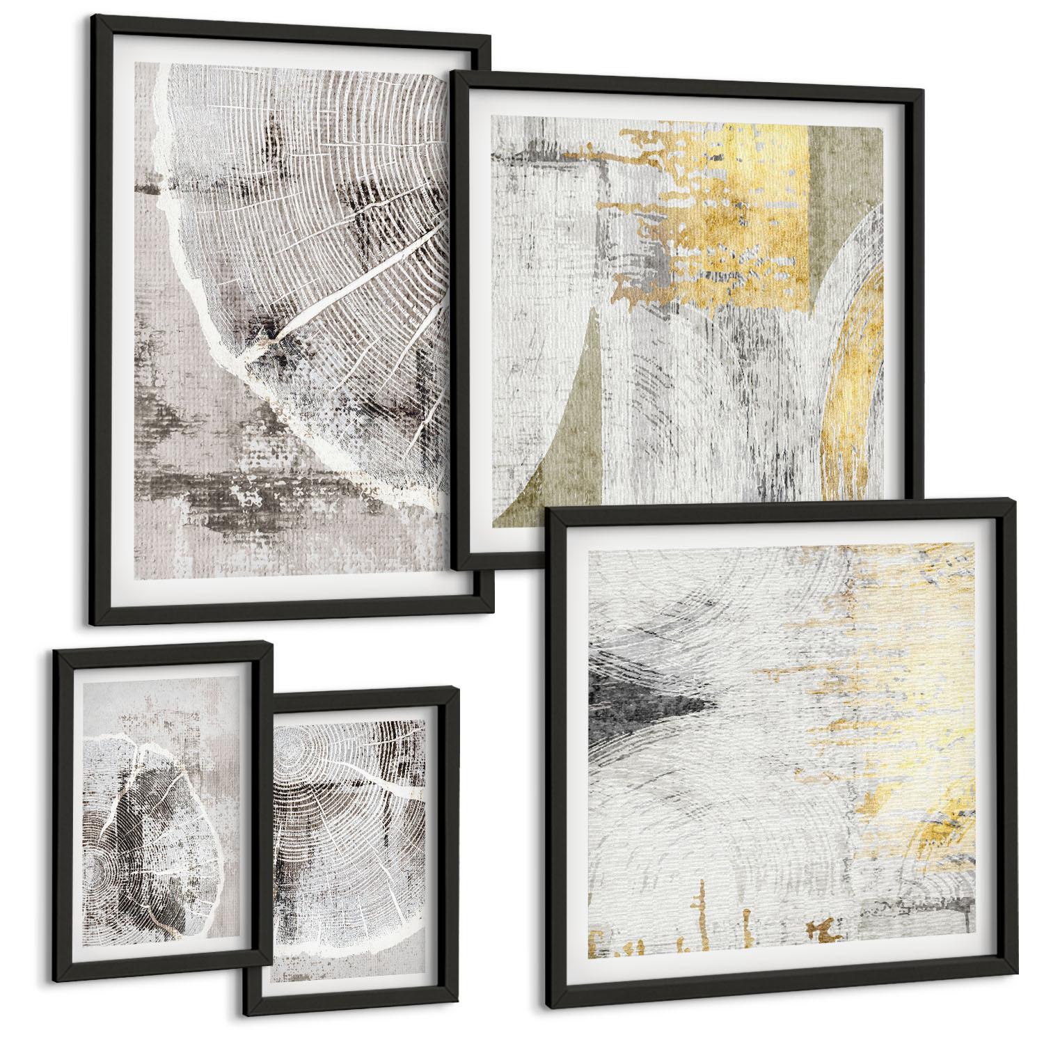 BILDER SET 5er Set - 50x50 cm & 20x30 cm & 40x60 cm Schwarzer Rahmen - Beige abstrakte Formen Linien - Schwarz, Kunststoff (40/60cm) - TULUP