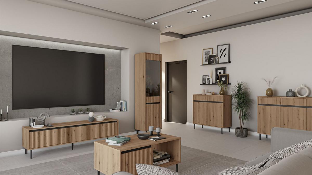 VITRINE Osaka Eichenholzoptik Evoke 56 cm - Eichefarben/Schwarz, Holzwerkstoff/Metall (55.8/205/40cm) - Selsey