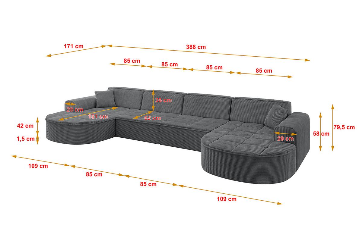 WOHNLANDSCHAFT TARO-U2 - 388x171x79,5 cm Duneklgrau - Dunkelgrau, Holzwerkstoff/Textil (388/79.5/171cm) - ALTDECOR
