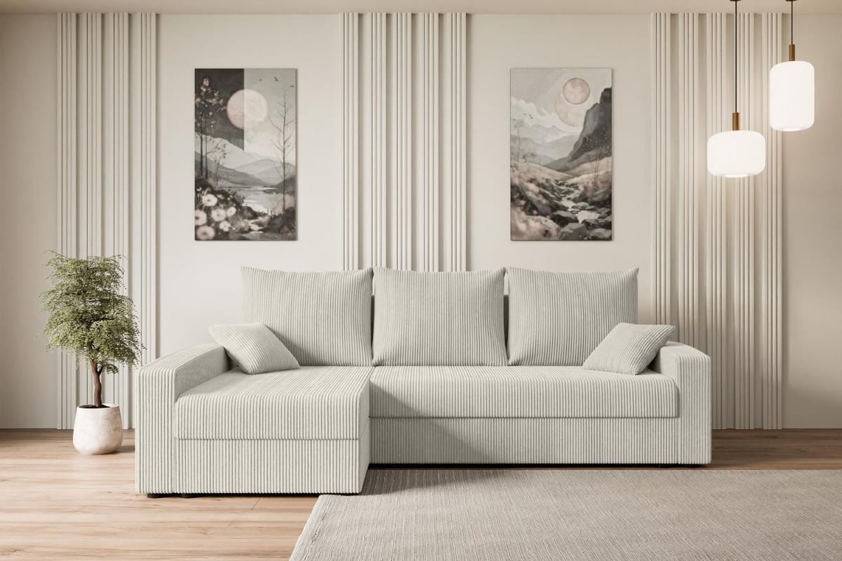 ECKSOFA mit Schlaffunktion und Bettkasten ALESIA-L 231x140x90 cm Creme Cord - Silberfarben/Hellgrau, Holzwerkstoff/Kunststoff (231/140cm) - ALTDECOR