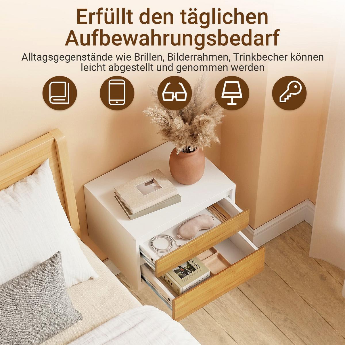 SCHWEBENDER-NACHTTISCH mit 2 Schubladen, Wandregal 40x29,8x25,6cm - Weiß/Naturfarben, Holzwerkstoff (40/26/30cm) - SoBuy