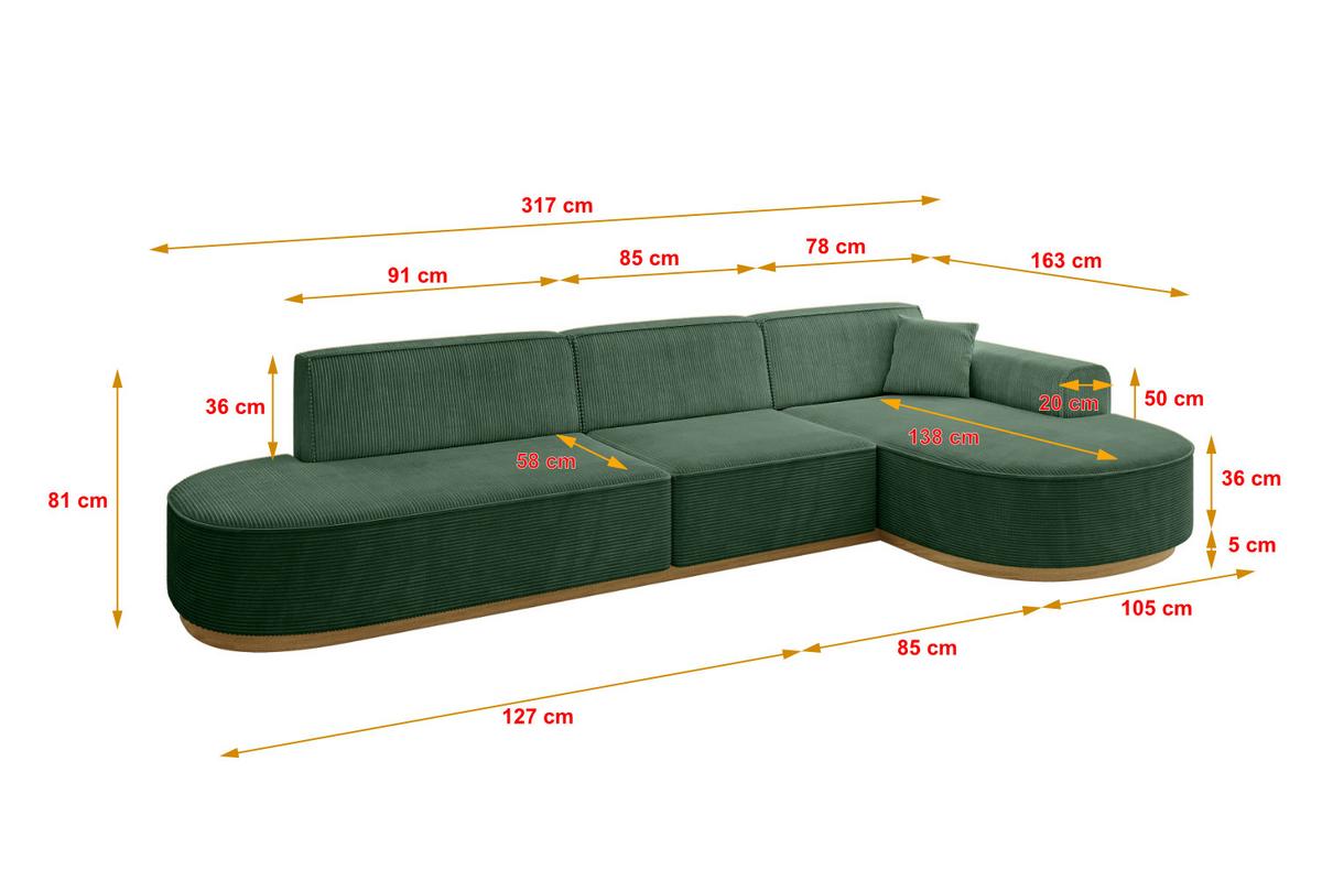 ECKSOFA Ottomane Rechts MARI-L2-v2 - 328x171x83 cm Grün Cord - Grün, Holzwerkstoff/Textil (171/328cm) - ALTDECOR