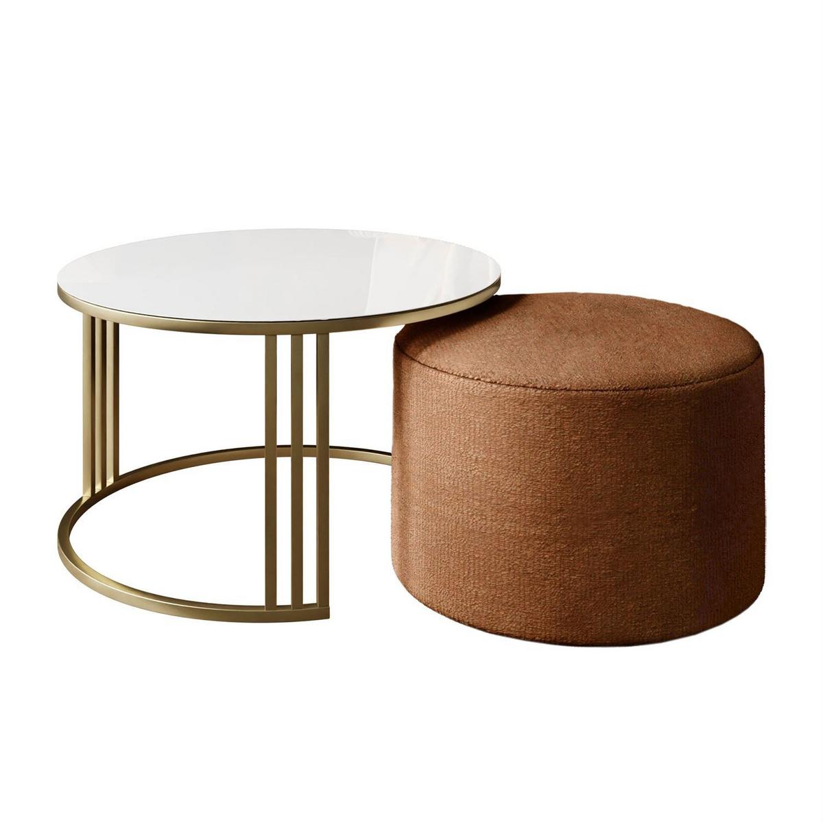COUCHTISCH mit Hocker LORI GLASS gebürstetes Gold/weißes Glas/Perfect Harmony 52 - Weiß, Metall (70/70/49cm) - Lookway