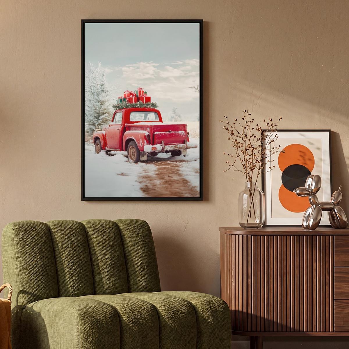 LEINWAND Bilder mit Rahmen - Auto - Rot - Geschenke - Winter - Schnee - Weihnachten - 60x90 - Rot, Textil (60/90cm) - MuchoWow