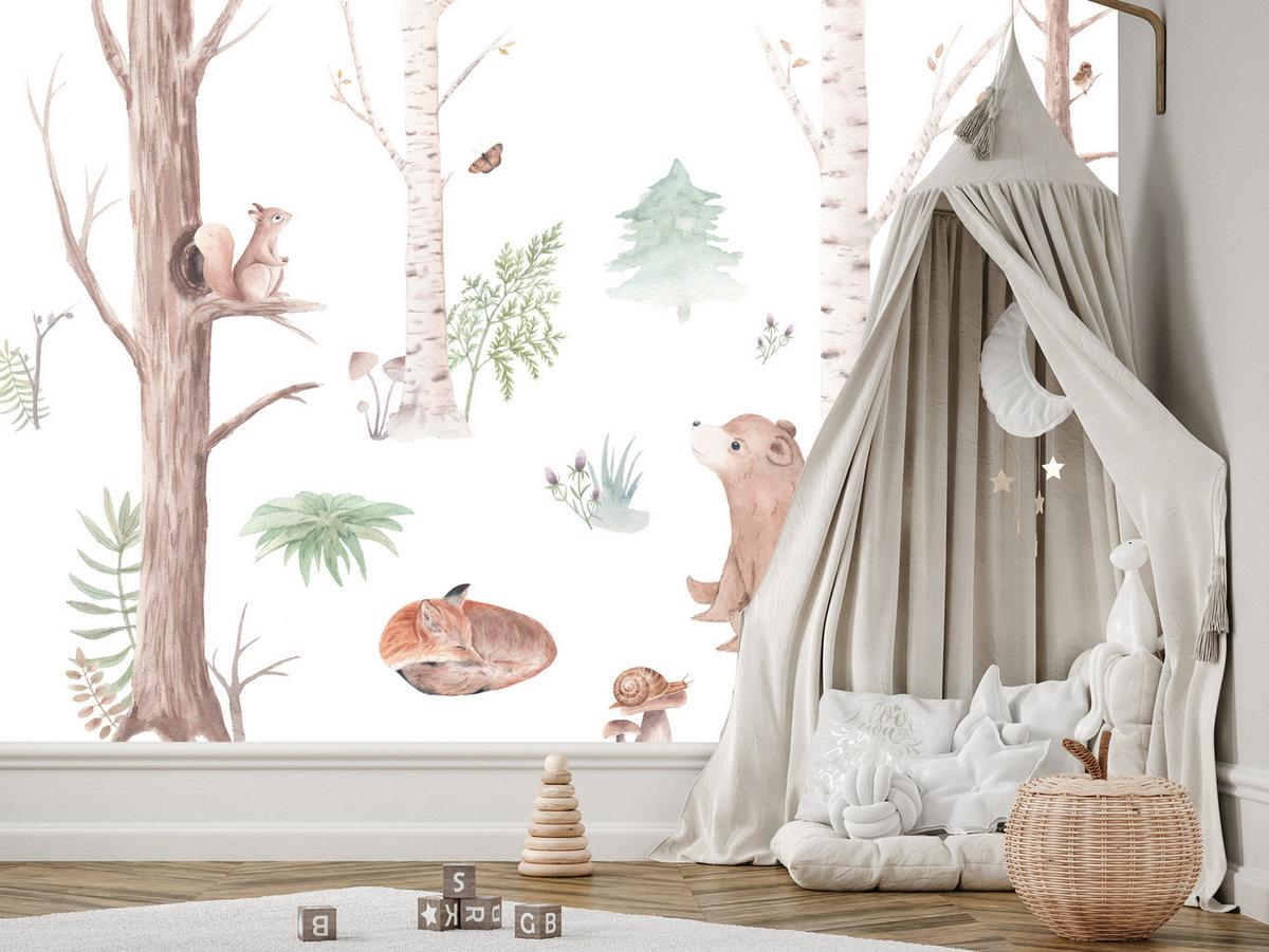 FOTOTAPETE für Kinderzimmer Wilde Waldtiere Aquarell Bäume 350x256 - Orange/Braun, Papier (350/256cm) - Muralo