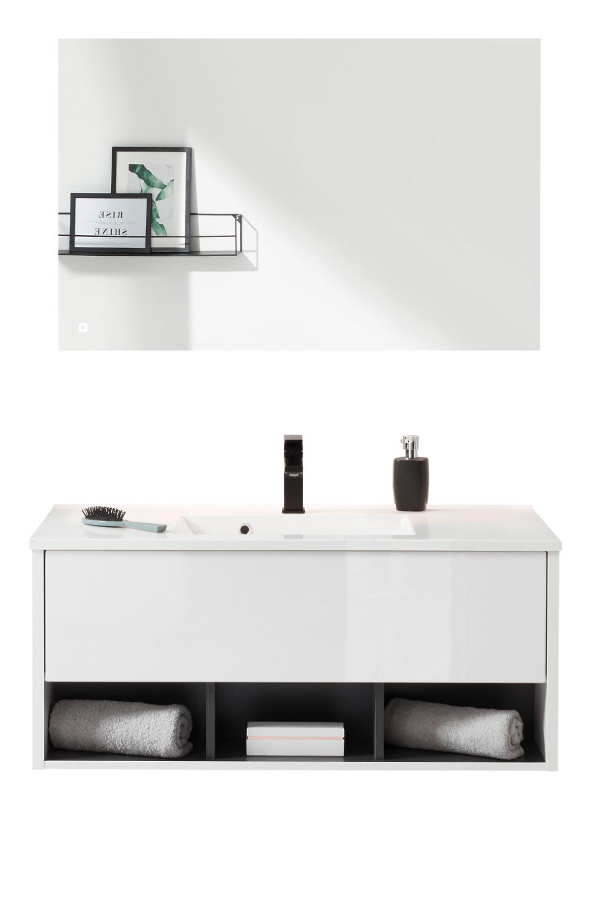 BADMÖBEL-SET weiß Hochglanz, grau 100 cm 2-teilig mit Waschbecken und LED Beleuchtung - Weiß Hochglanz/Grau, Glas/Holzwerkstoff (100/190/190cm) - Furn.Design