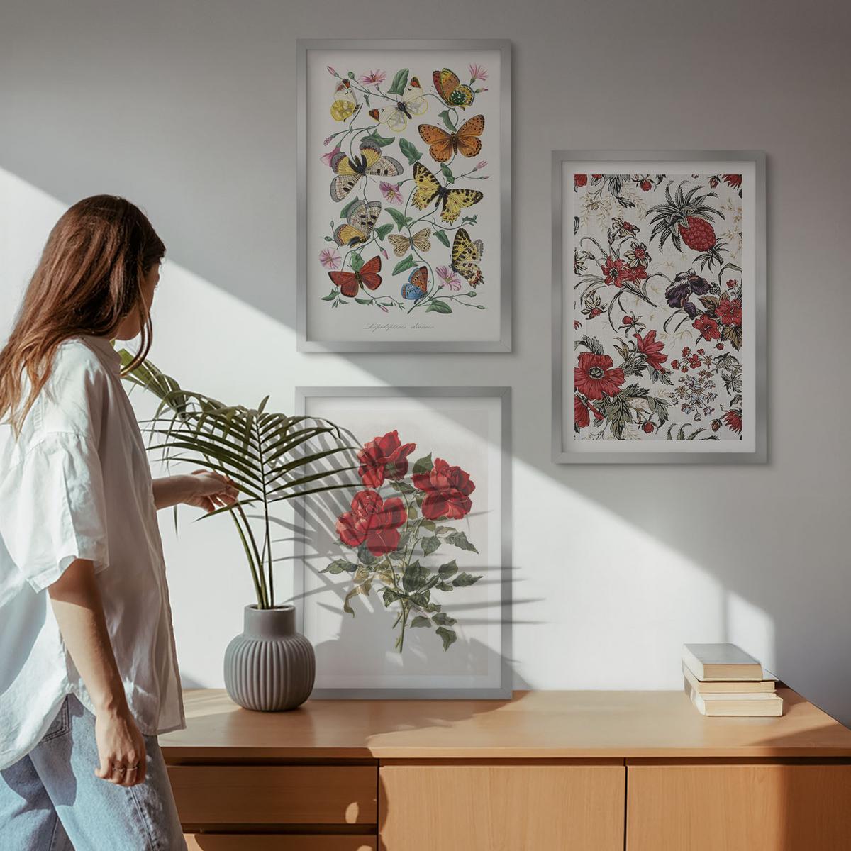 BILDER SET 3er Set - 40x60 cm Silberner Rahmen - Schmetterlinge, Blumen, rote Rosen - Silberfarben, Kunststoff (40/60cm) - TULUP