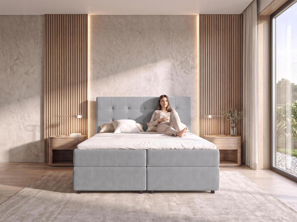 BOXBETT SAKARYA 180x200 cm mit Bettkasten und Matratze - Hellgrau + TOPPER - Hellgrau/Schwarz, Holz/Holzwerkstoff (180/200cm) - AX Living