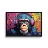 POSTER MIT RAHMENGERAHMTES BILD Graffiti - Schimpanse - Straßenkunst - Kopfhörer - Affe 90x60 cm - Blau, Papier (90/60cm) - MuchoWow