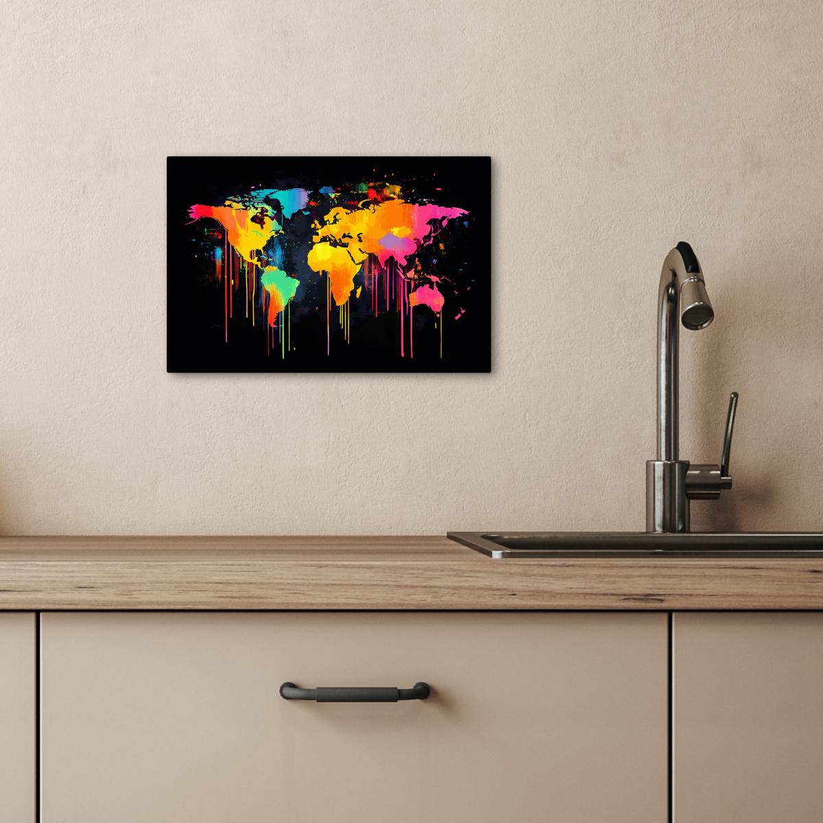 LEINWANDBILD Weltkarte - Farbe - Bunt - Graffiti - Welt Deko Schlafzimmer 30x20 cm - Multicolor, Textil (30/20cm) - MuchoWow