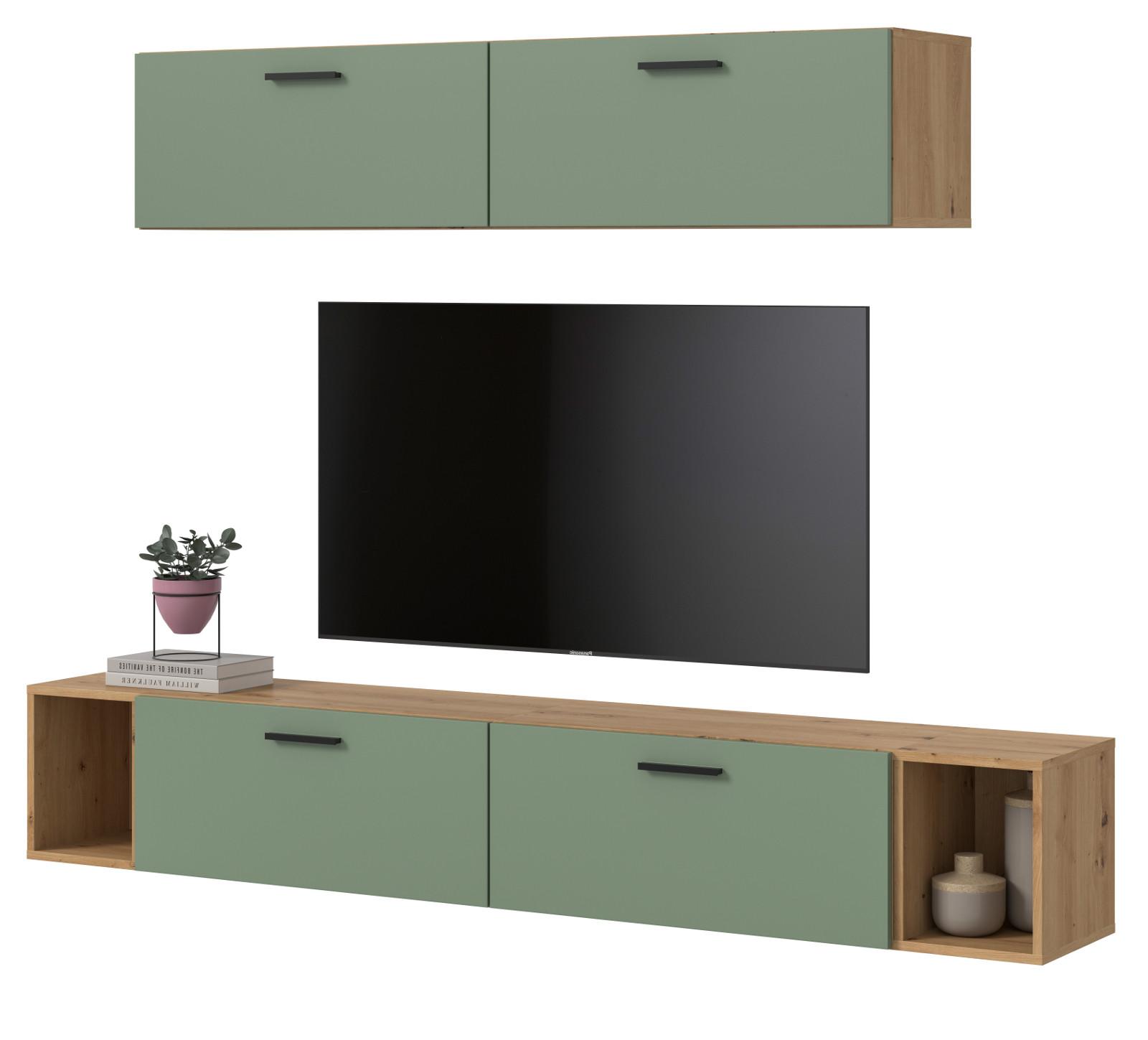 WOHNWAND grün, Eiche Artisan 202 cm, Schrankwand mit Soft-Close - Schwarz/Eiche Artisan, Holzwerkstoff/Kunststoff (202/184/34cm) - Inn.Furn