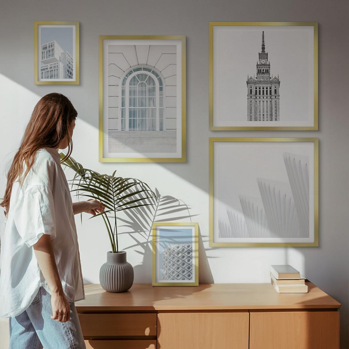 BILDER SET 5er Set - 50x50 cm & 20x30 cm & 40x60 cm Goldrahmen - Moderne Architekturgeometrie - Goldfarben, Kunststoff (40/60cm) - TULUP