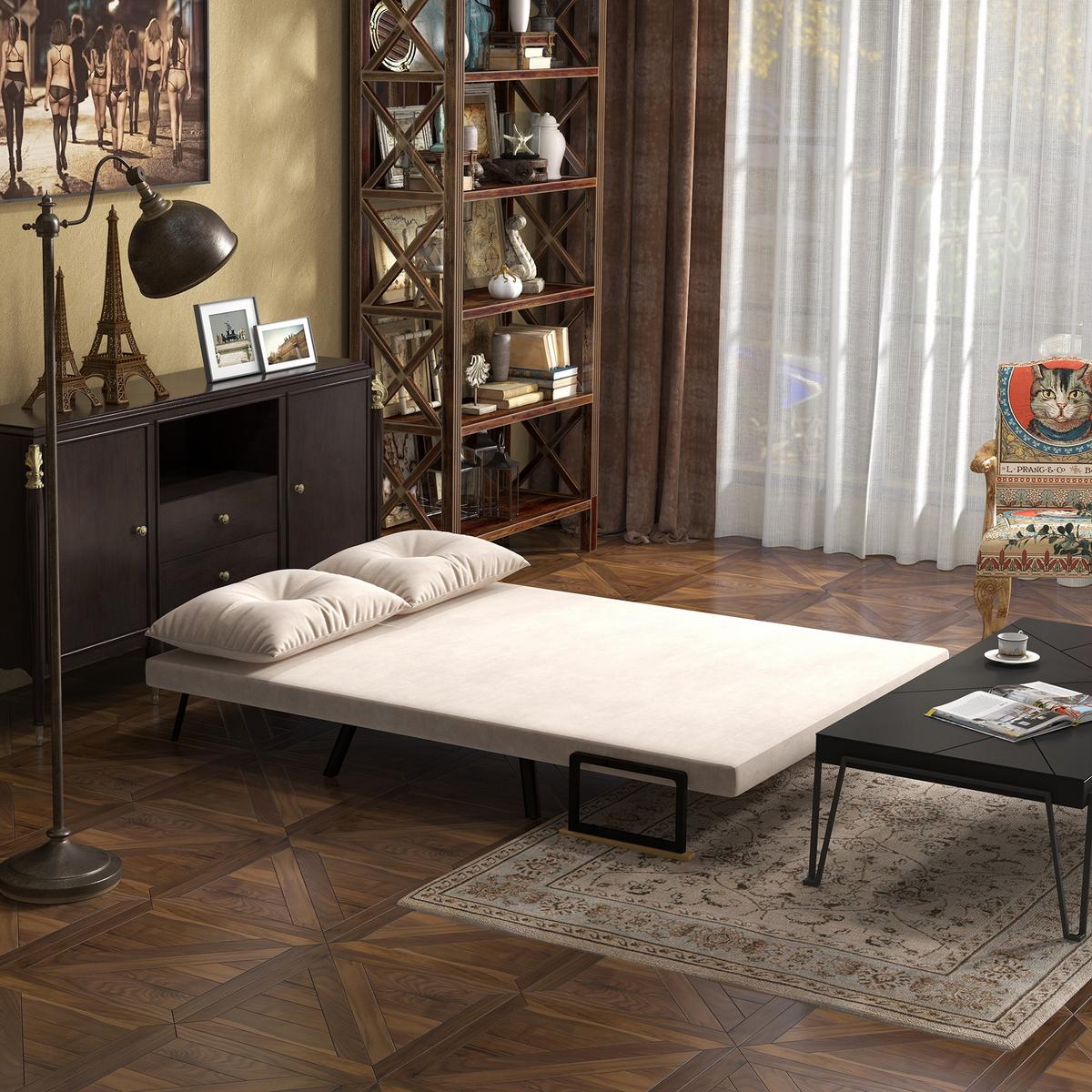 SCHLAFSOFA, Zweisitzer mit Bettfunktion, Schlafcouch mit Samtoptik, Rückenkissen - Beige/Schwarz, Holz/Textil (73/81/102cm) - HOMCOM