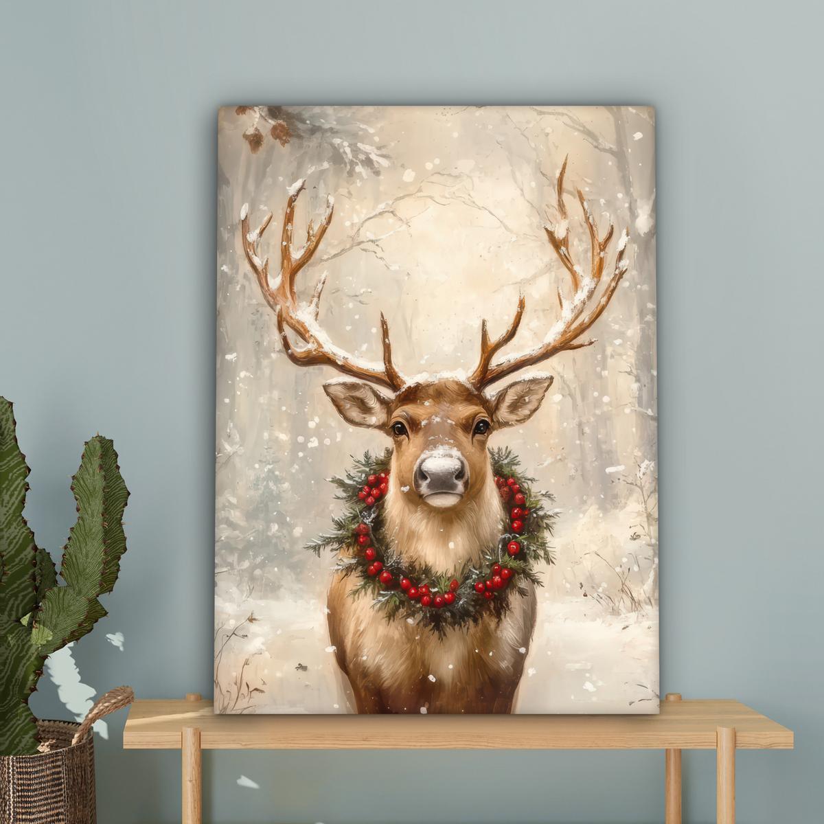 LEINWANDBILD Weihnachten - Rentier - Winter - Kranz Wandbild Wohnzimmer 60x80 cm - Naturfarben, Textil (60/80cm) - MuchoWow