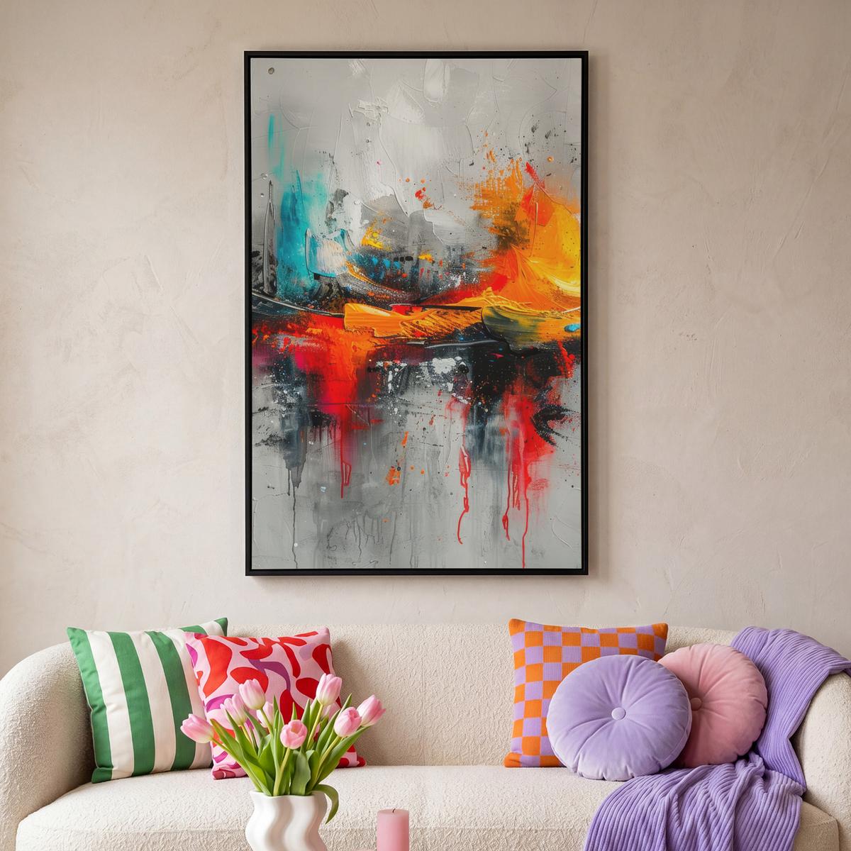 LEINWAND Bilder mit Rahmen - Moderne Kunst - Orange - Grau - Abstrakt - 100x150 - Hellgrau, Textil (100/150cm) - MuchoWow