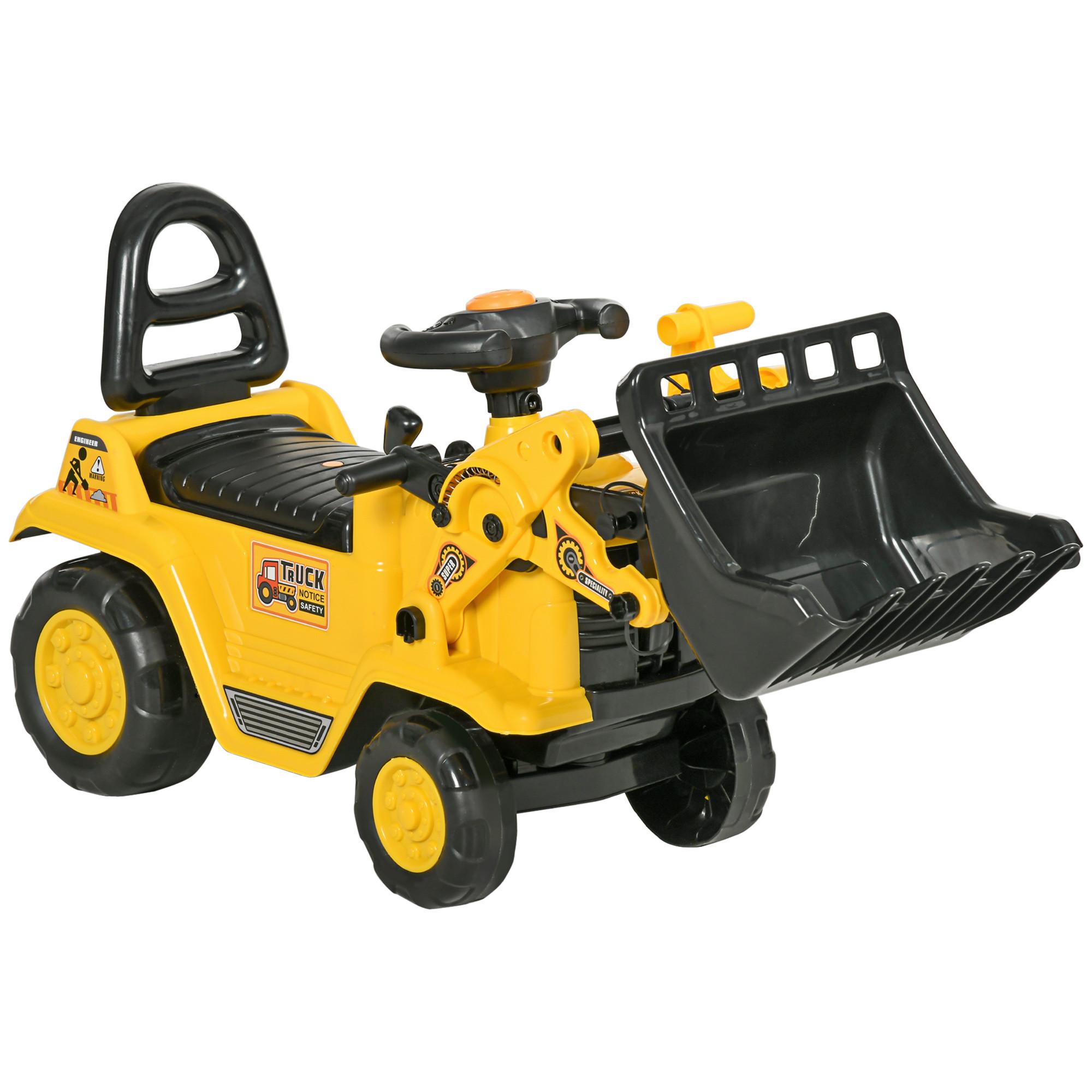 SITZBAGGER mit eingebautem Ablagefach Kinder Rutschauto traktor mit Hupe - Gelb, Kunststoff (26.5/39/80cm) - HOMCOM