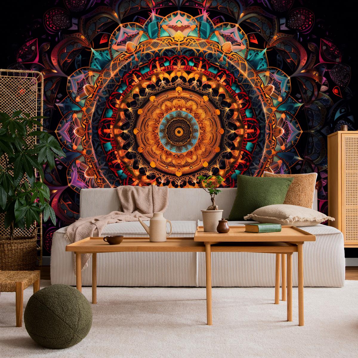 FOTOTAPETE für Schlafzimmer Bunte Mandala Vintage Orientalisch Harmonisch 500x350 - Gelb/Rot, Papier (500/350cm) - Muralo