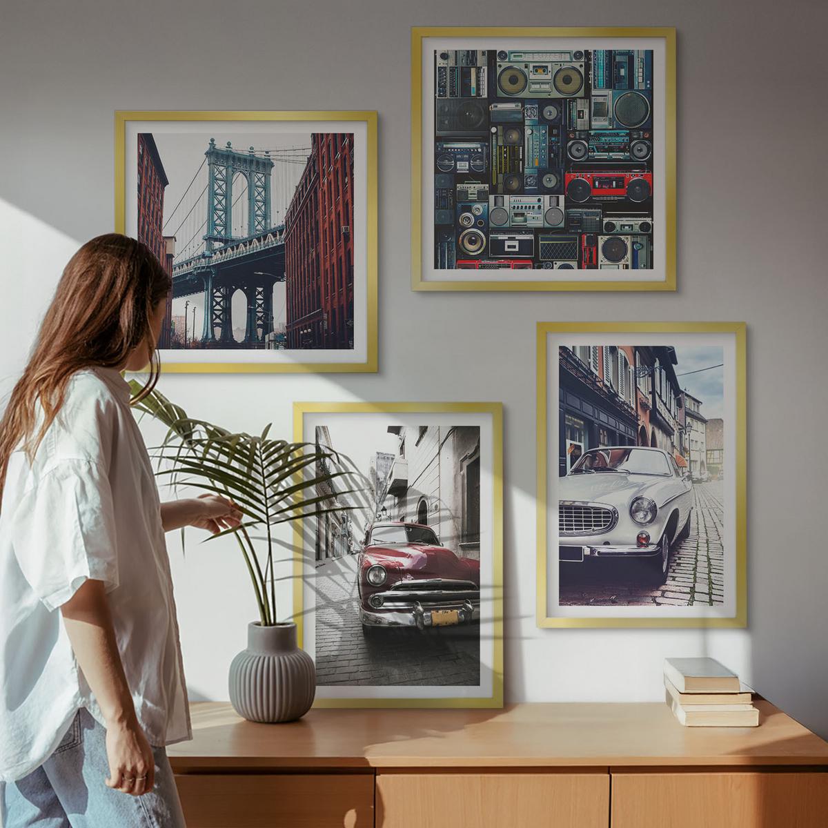 BILDER SET 4er Set - 50x50 cm & 40x60 cm Goldrahmen - Old Cars Brooklyn Retro-Audio - Goldfarben, Kunststoff (50/50cm) - TULUP