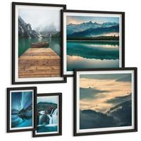 BILDER SET 5er Set - 50x50 cm & 20x30 cm & 40x60 cm Schwarzer Rahmen - Abstrakte Monstera-Palmenblätter - Schwarz, Kunststoff (40/60cm) - TULUP