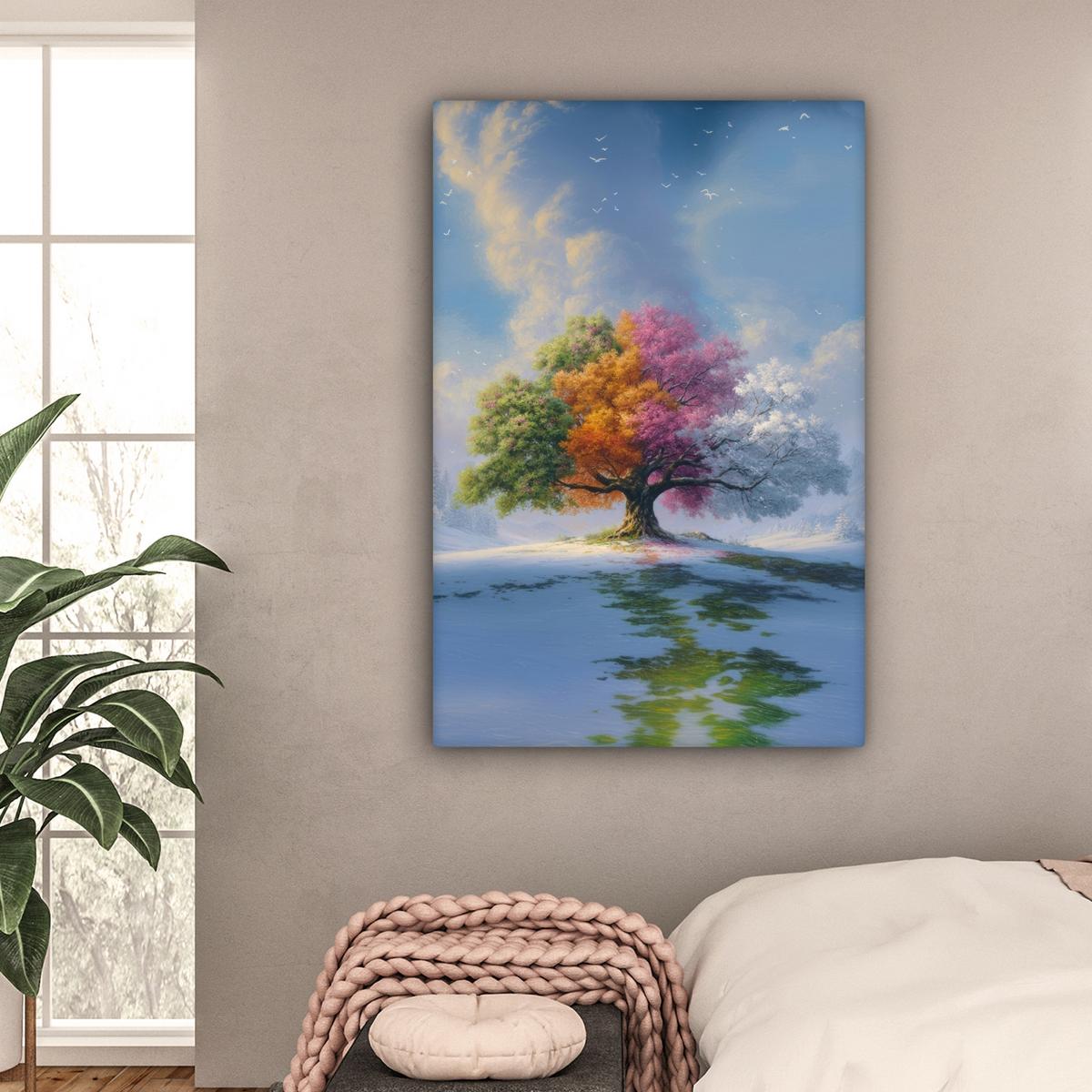 LEINWANDBILD Baum - Jahreszeiten - Winter - Landschaft Deko Groß 90x140 cm - Multicolor, Textil (90/140cm) - MuchoWow