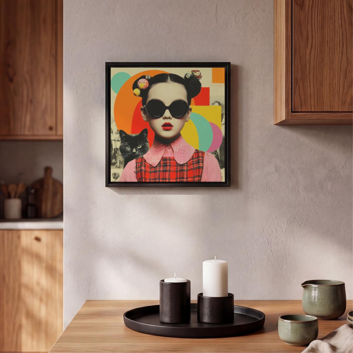 LEINWAND Bilder mit Rahmen - Mädchen - Sonnenbrille - Katze - Retro - 20x20 - Beige, Textil (20/20cm) - MuchoWow