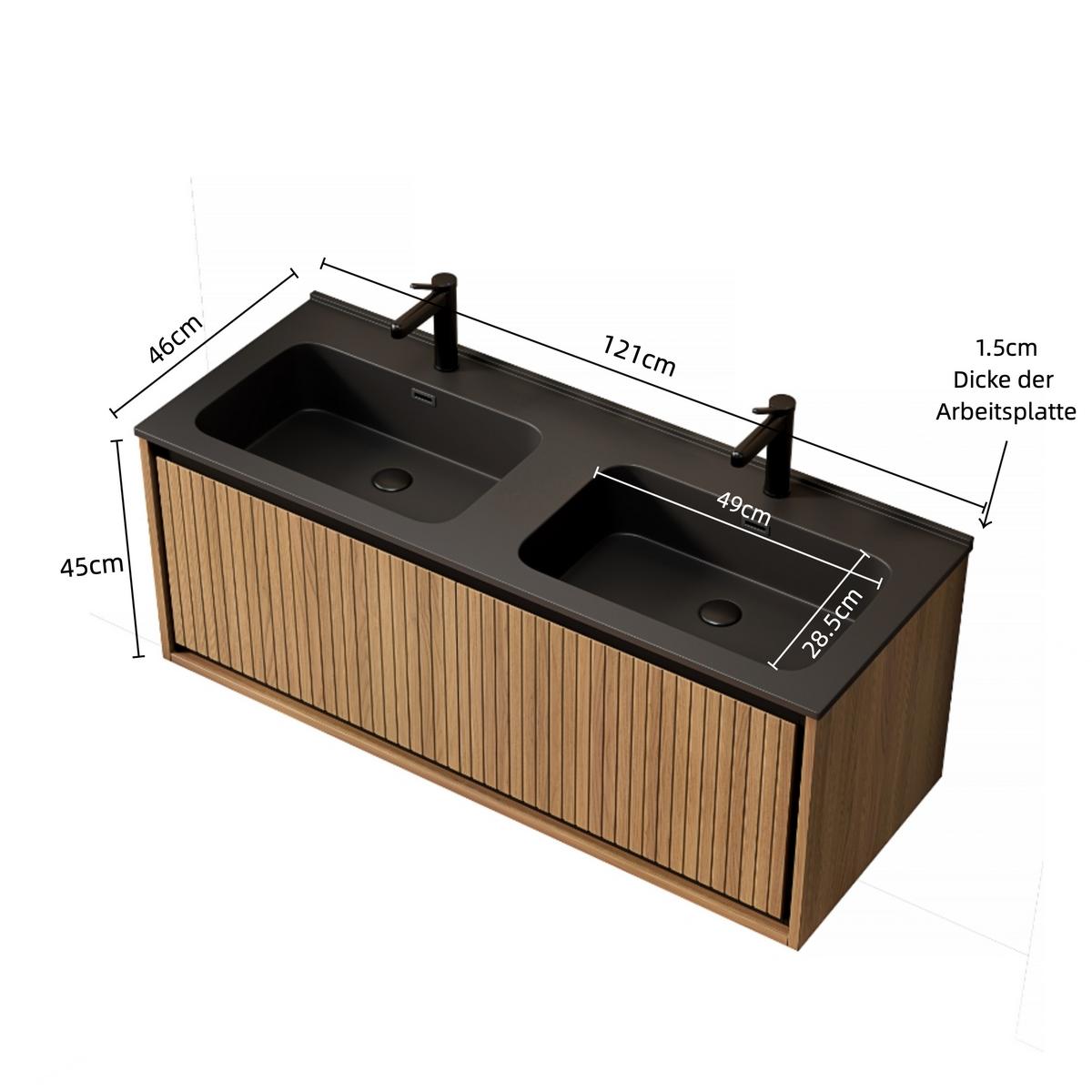 WASCHTISCHKOMBI Schwarz schwebend mit Doppelbecken - Eiche San Remo, Holzwerkstoff/Kunststoff (121/46/46cm) - Urban Meuble