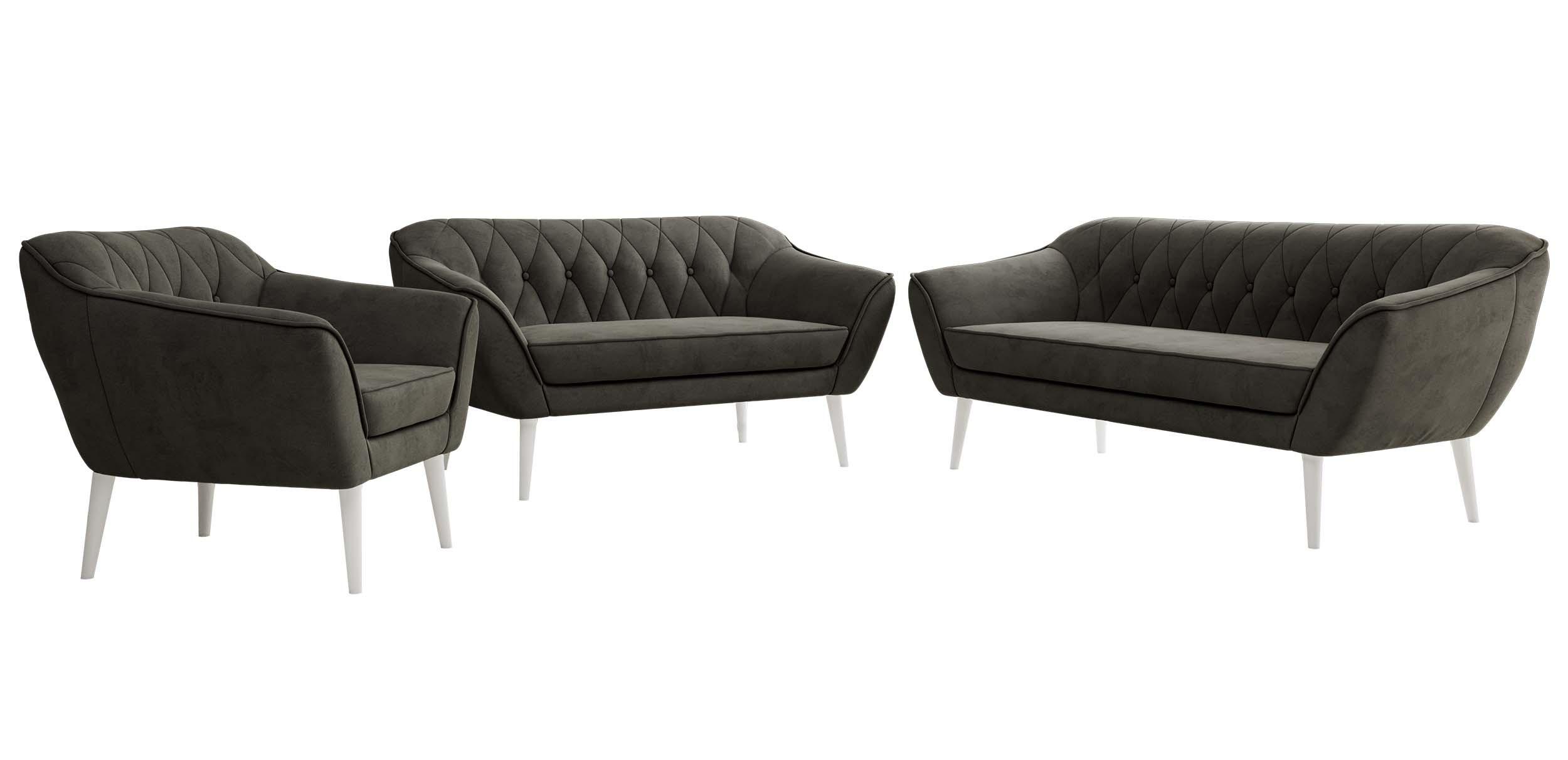 SITZGARNITUR PIRS 3+2+1 - Dunkelgrau Velvet - Weiße Beine - Dunkelgrau/Weiß, Holzwerkstoff/Textil (180/75/74cm) - MKS