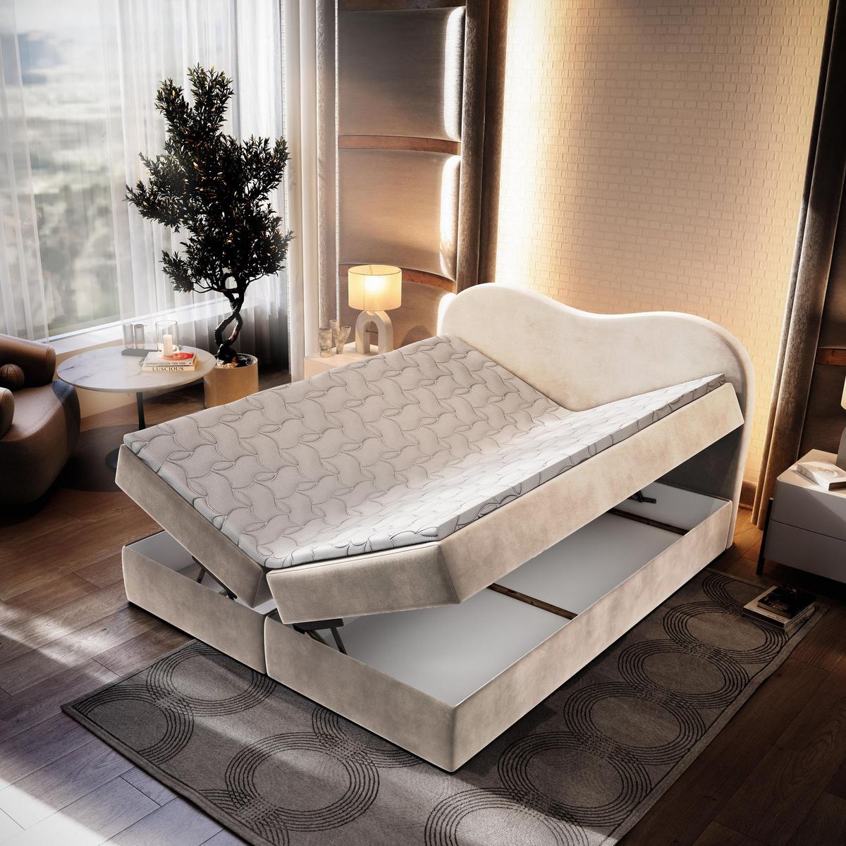 BOXBETT FLUVIA M 140x200 cm mit Matratze und Topper - Creme - Creme, Holz (140/200cm) - MASSENO