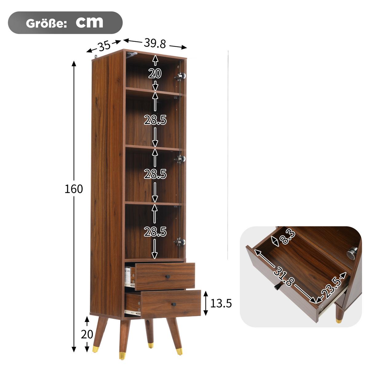 HIGHBOARD Nussbaumholz-Optik mit Glastür, 2 Schubladen & verstellbaren Regalen - Walnussfarben, Holzwerkstoff (39.8/160/35cm) - Urban Meuble